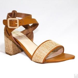 Bamboo tan open toe ankle strap casual heel